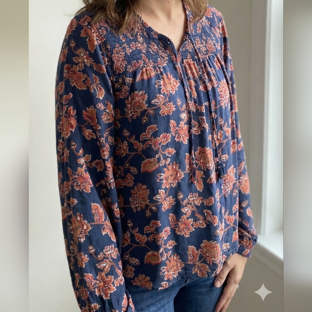 Lucky Brand Womens Bohemian Navy Rose Floral Long Sleeve Blouse Size Small - Picture 1 of 8